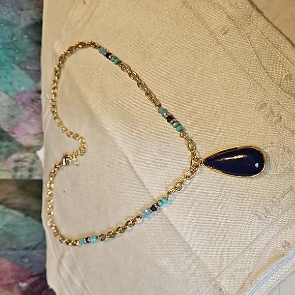 Vintage Napier Goldtone w/Blue Pendant & Blue Beaded Necklace - Picture 1 of 5